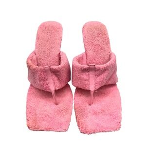 Size 10 - Pink Terry Cloth Thong Sandals Square Toe Clear Acrylic Block Heel Y2K